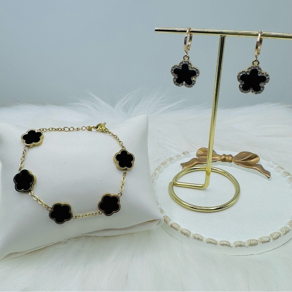 Camille Flower Black Bracelet & Sparkle Floral Rhinestones Dangle Earrings